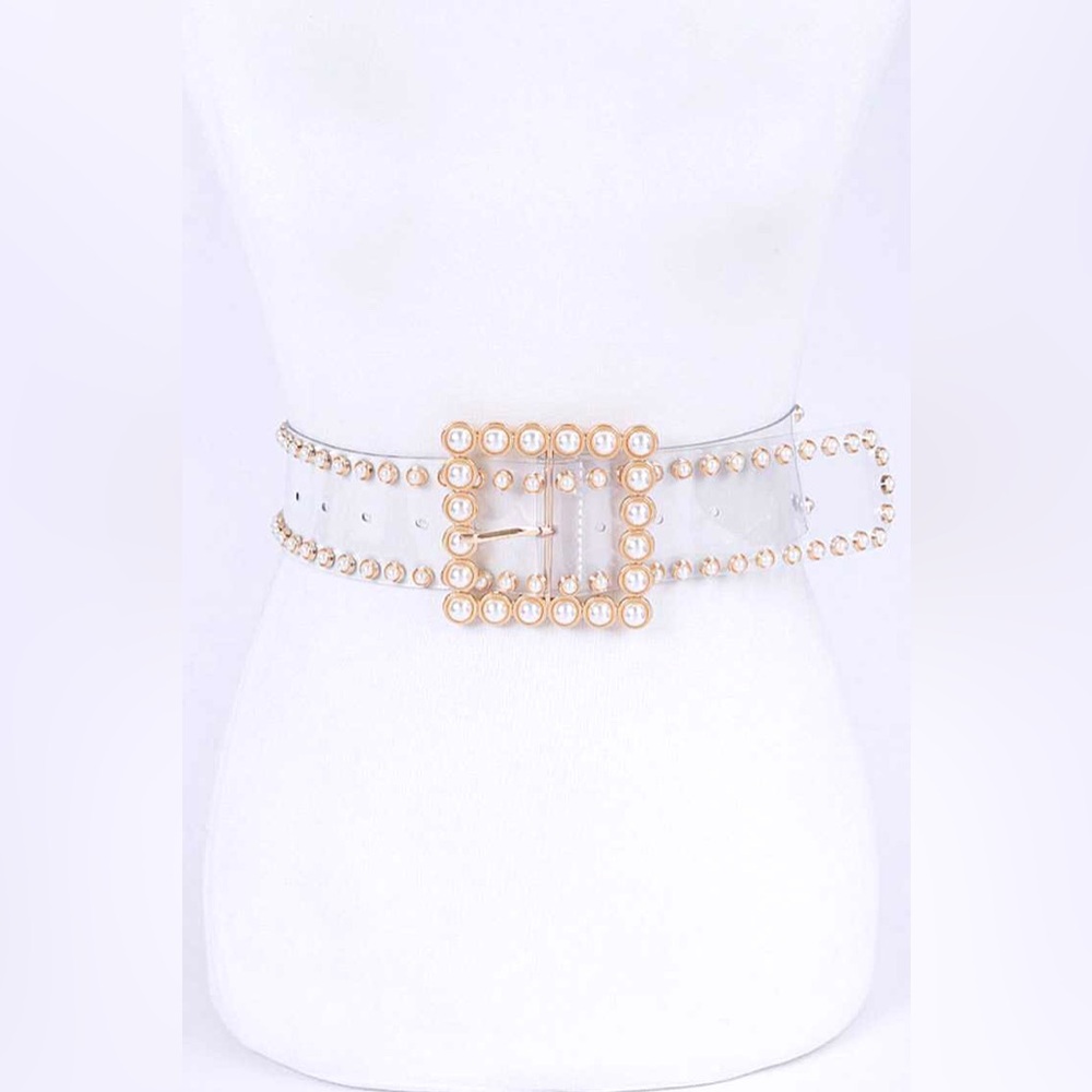 Plus Size Gold Pearl Embellished Clear Statement Belt